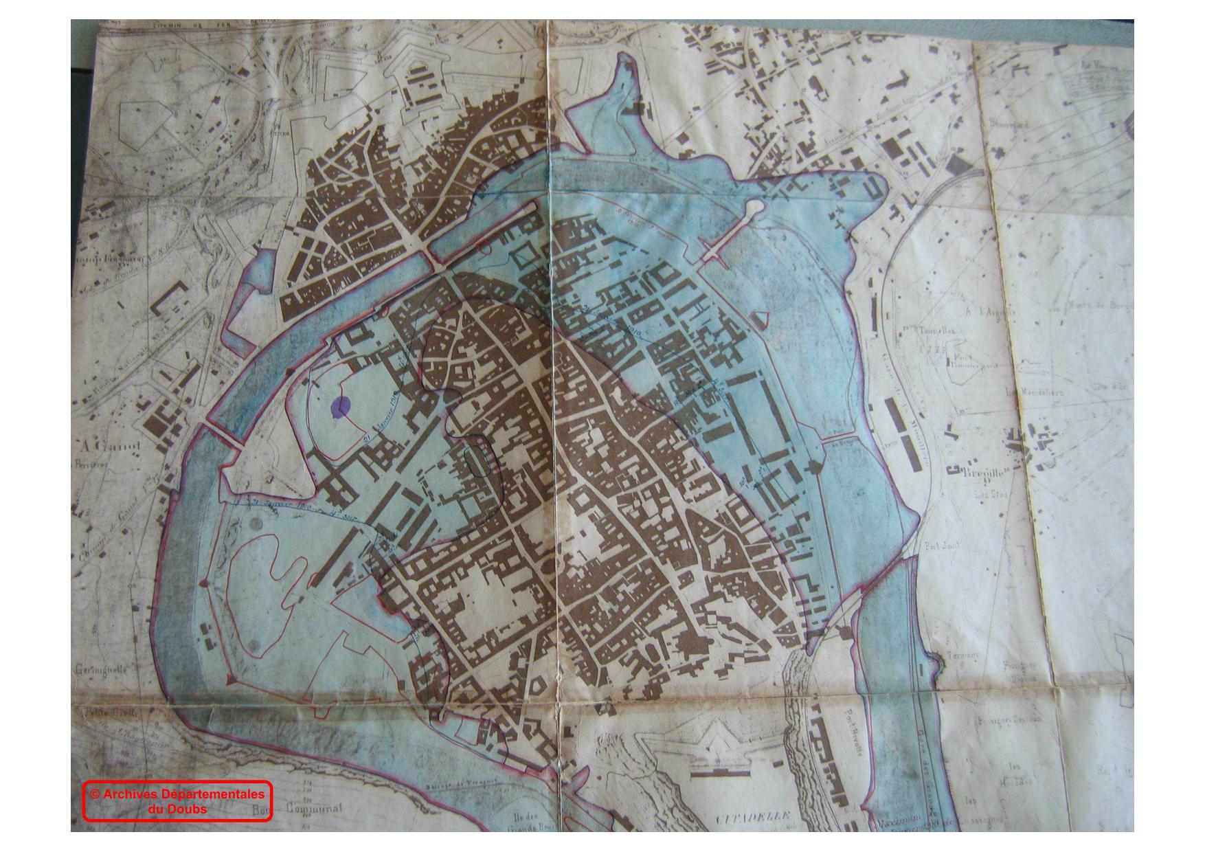 Plan de la ville de Besançon indiquant le périmètre de la partie submergée par les crues du 21 janvier 1910 et 9 février 1910