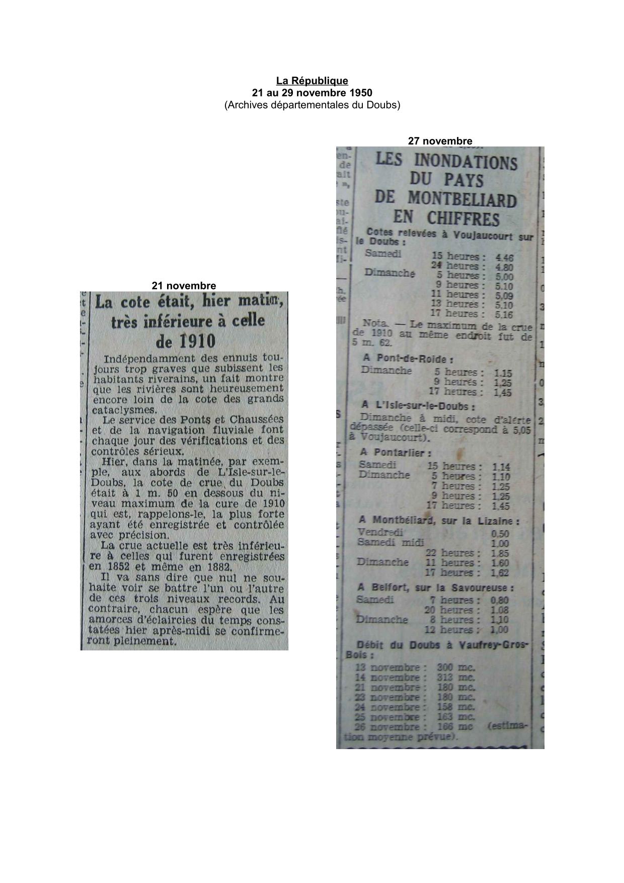 Journal - La République - 1950 - Cotes relevées dans Le Doubs