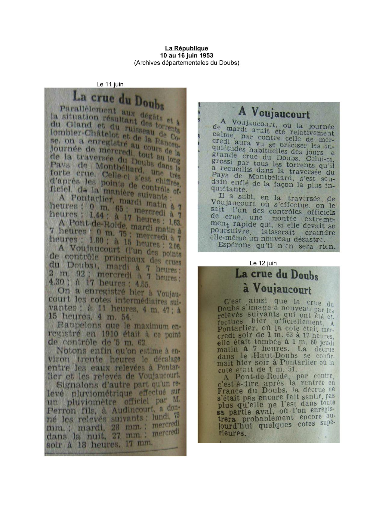 Journal - La République - 1953 - Cotes relevées sur Le Doubs