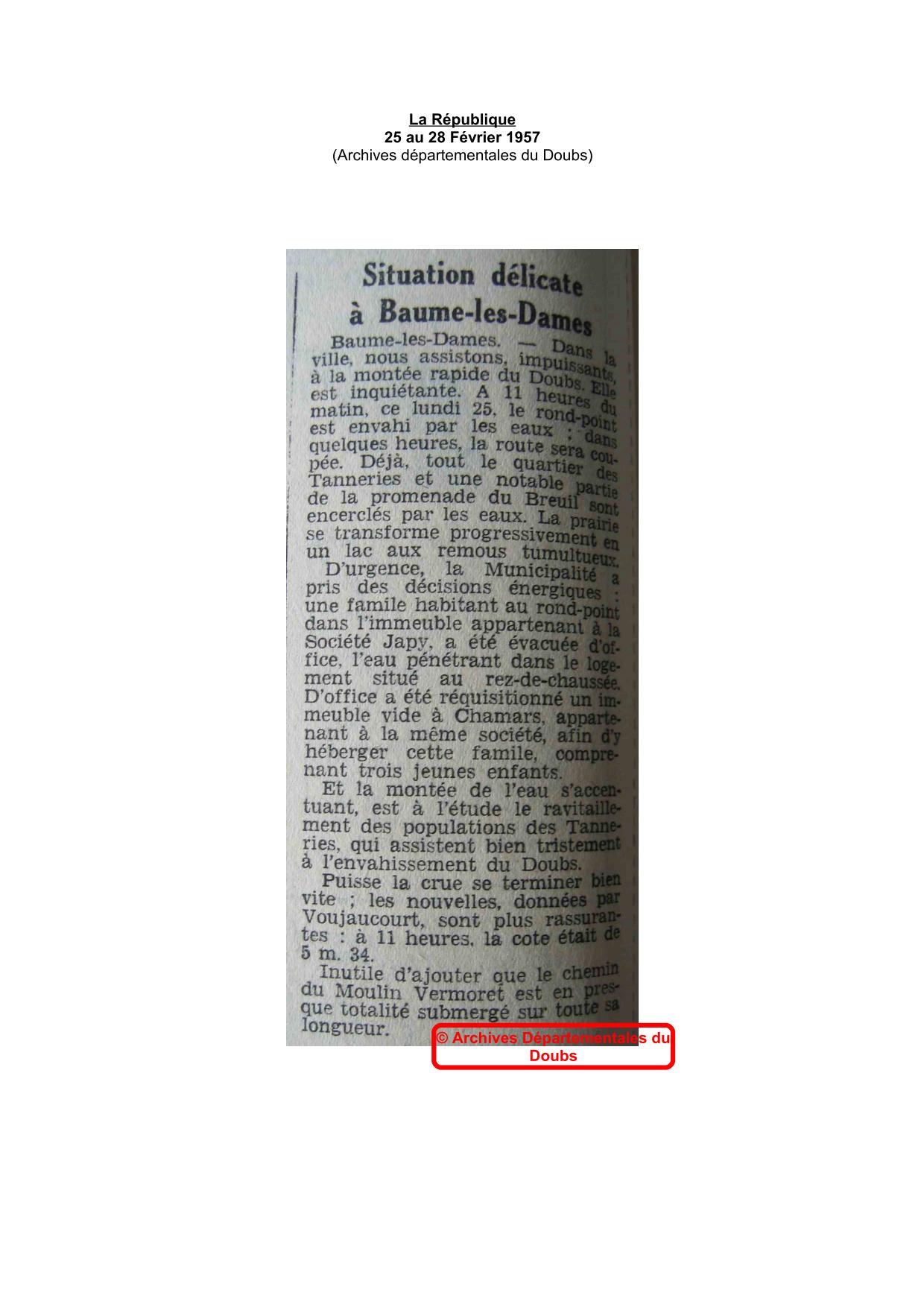 Journal - La République - 1957 - Région de Baume les Dames