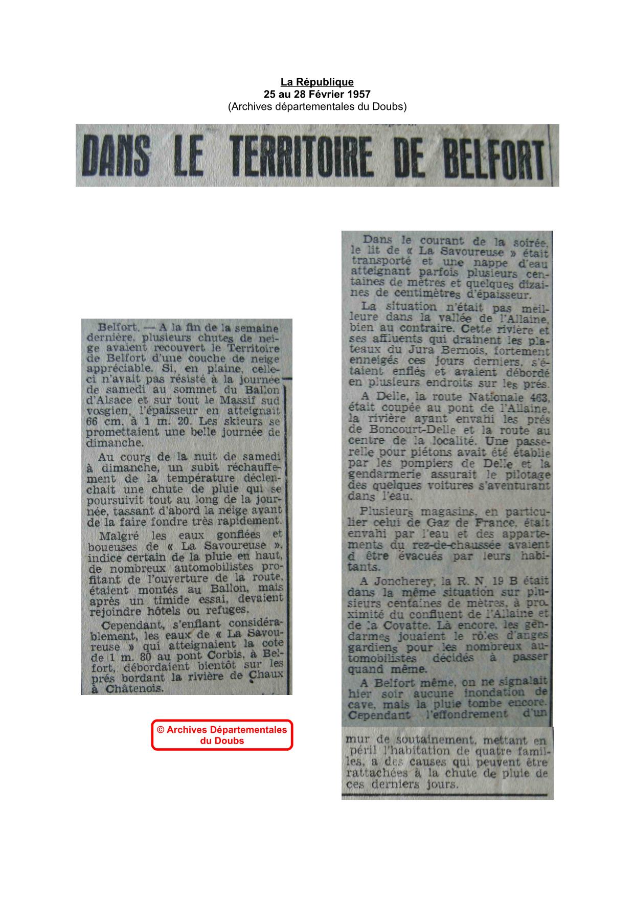 Journal - La République - 1957 - Territoire de Belfort