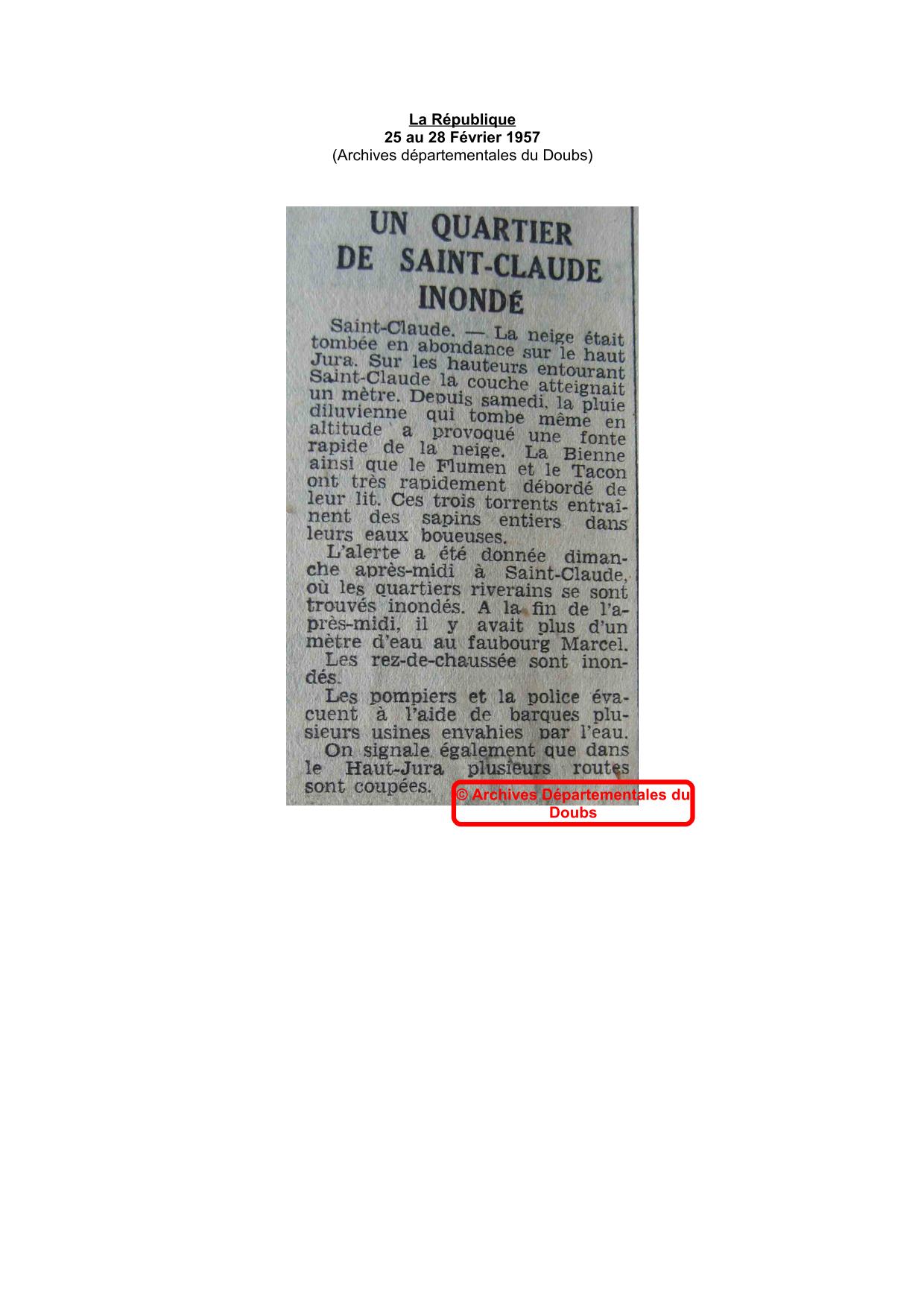 Journal - La République - 1957 - Saint Claude