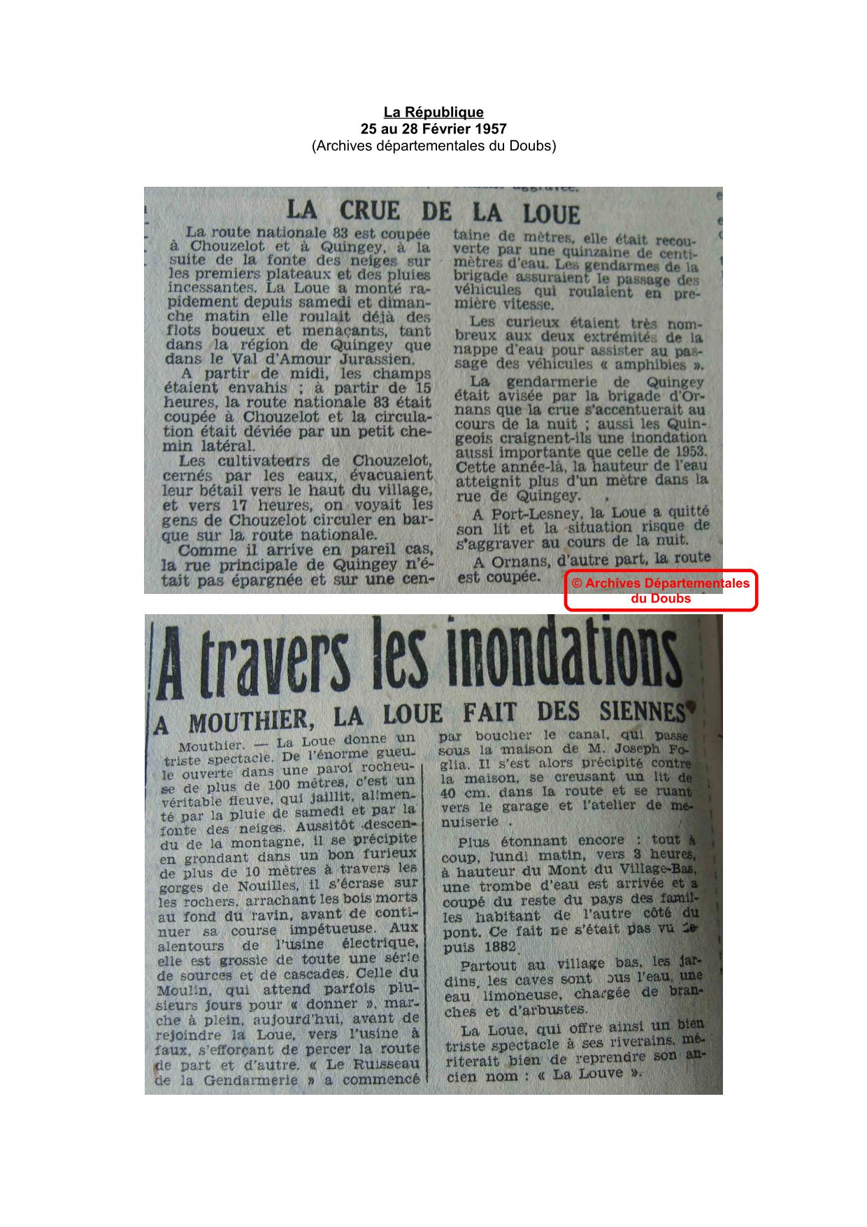 Journal - La République - 1957 - Vallée de la Loue