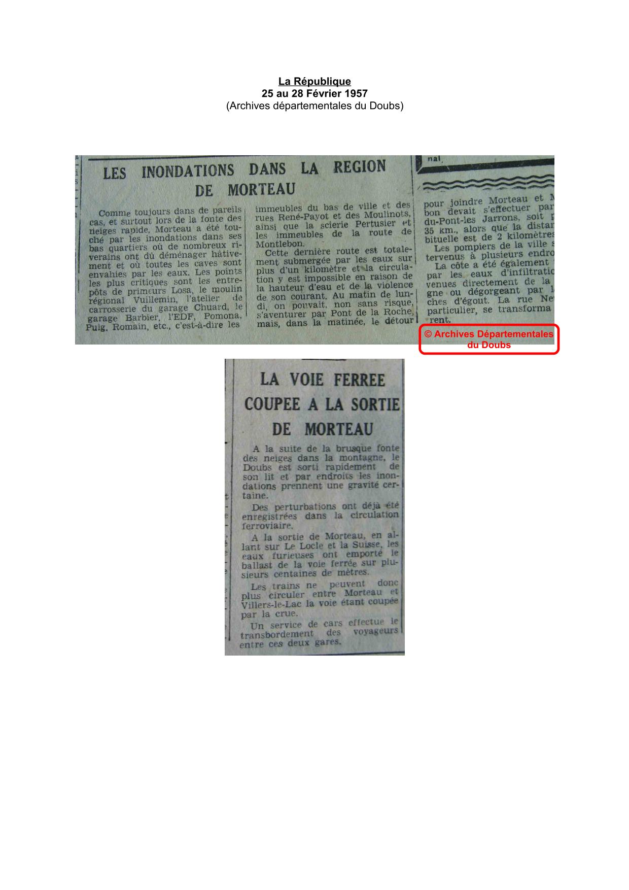 Journal - La République - 1957 - Région de Morteau
