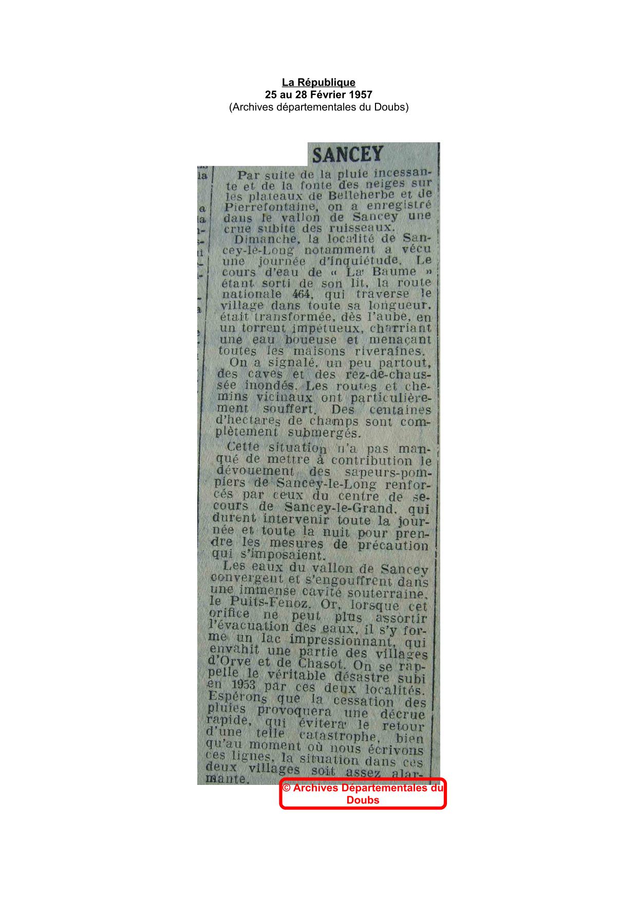 Journal - La République - 1957 - Région de Sancey