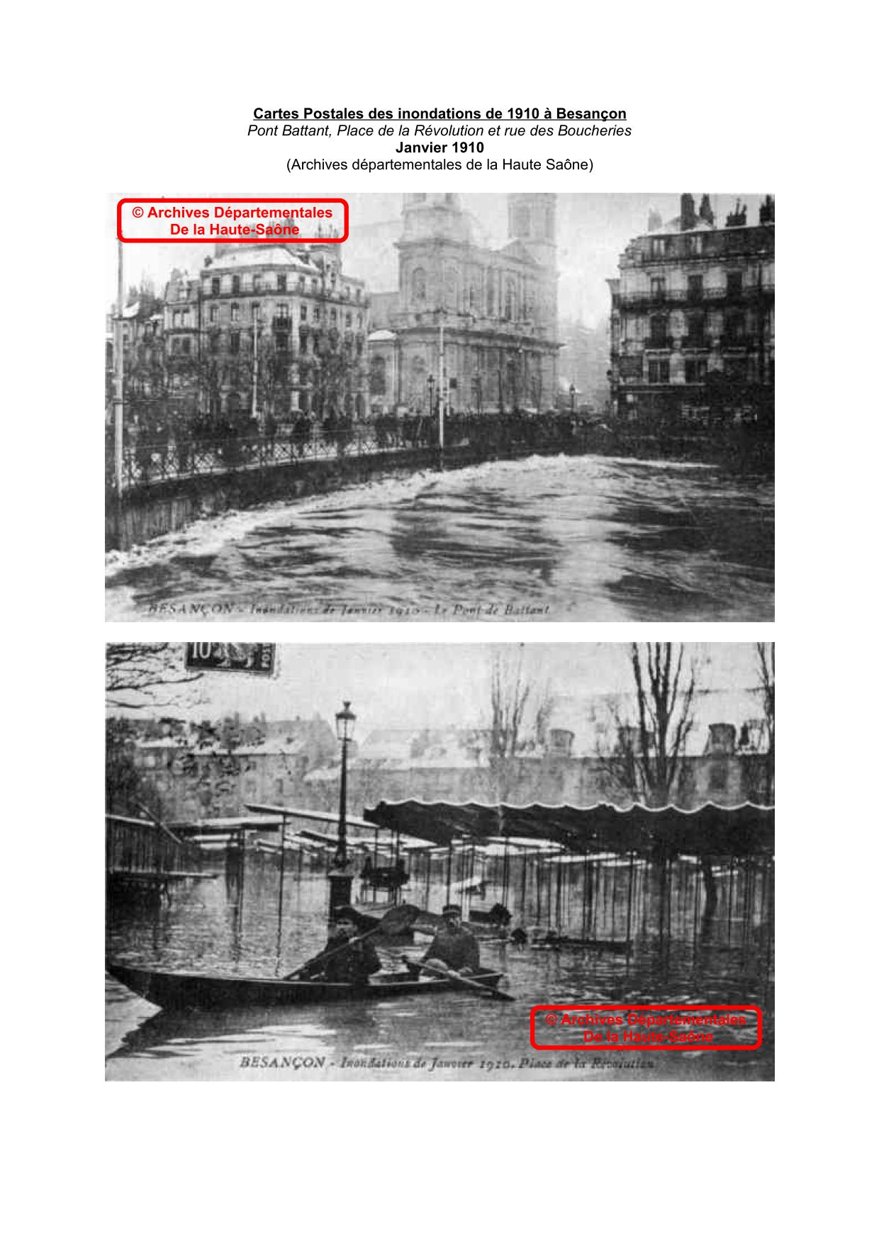Cartes Postales des inondations de 1910 a Besançon : Pont Battant, rue des Boucheries et place du Marche