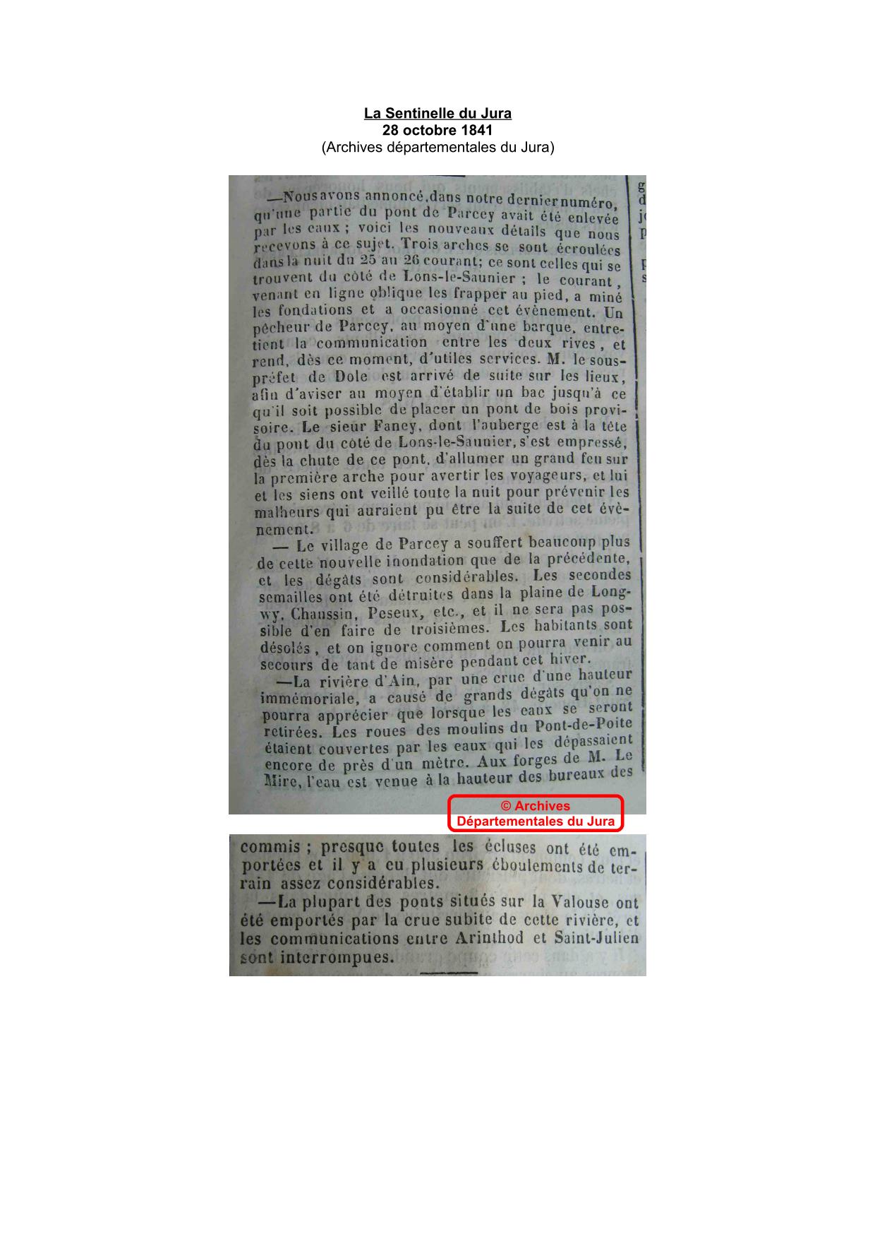 Journal - La Sentinelle du Jura - 1841 - Région de Parcey