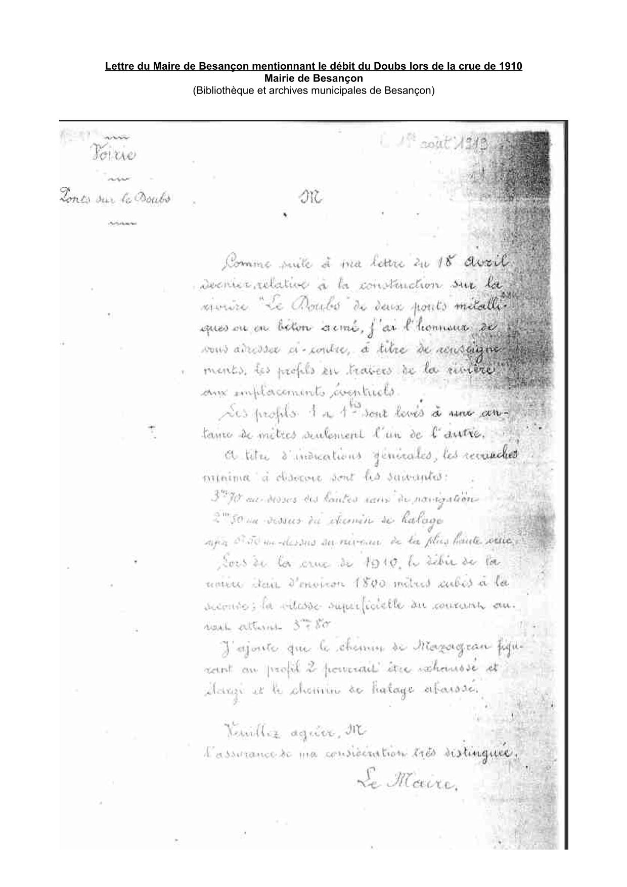 Lettre du Maire de Besançon mentionnant le débit du Doubs lors de la crue de 1910