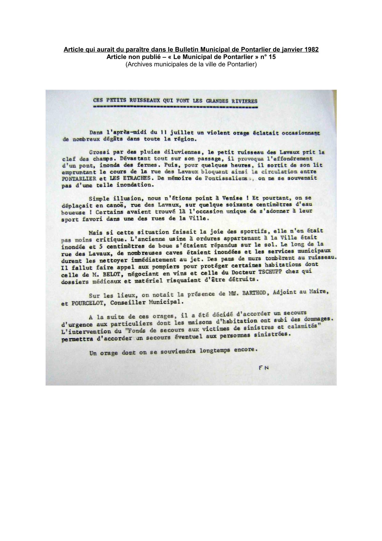 Article qui aurait du paraître dans le Bulletin Municipal de Pontarlier de janvier 1982 - Article non publié