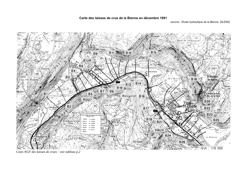 Carte des laisses de crue de la Bienne de décembre 1991 extraite de l'étude hydraulique de la Bienne et du Tacon.