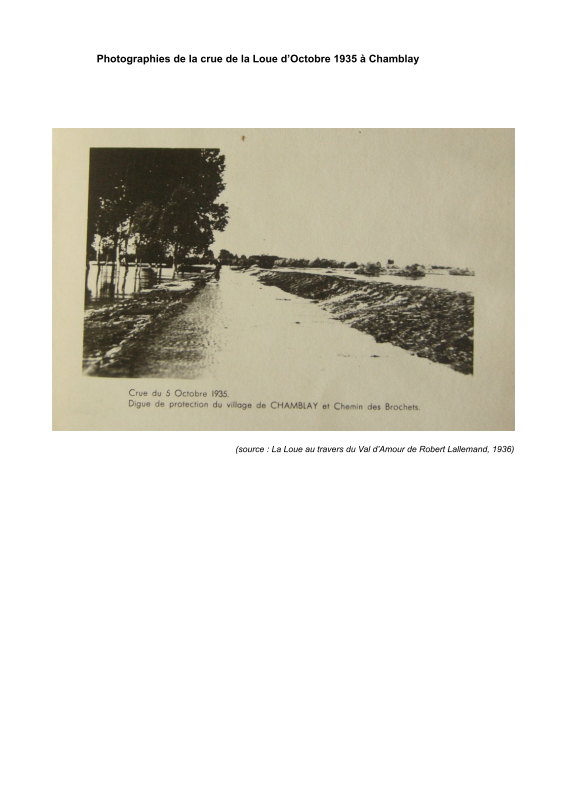 Photographie de la digue de Chamblay lors de la crue du 5 octobre 1935.