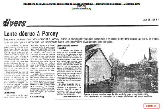 Inondations de la Loue à Parcey et remontée de la nappe phréatique – premier bilan des dégâts – Décembre 1995