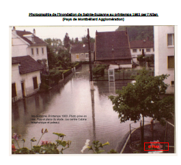 Photographie de l'inondation de Sainte-Suzanne au printemps 1983 par l'Allan
