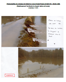 Photographies du ruisseau de Sobant en crue à Roset-Fluans et Saint-Vit – février 1990