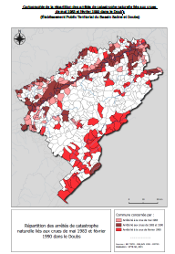 Cartographie de la répartition des arrêtés de catastrophe naturelle liés aux crues
de mai 1983 et février 1990 dans le Doubs