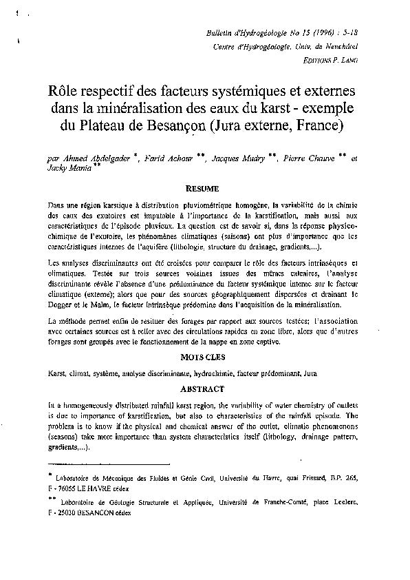 Publié dans Bulletin d'Hydrogéologie, Neuchâtel, Suisse. 15, 5-18