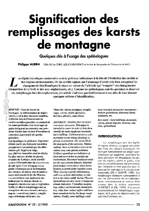  Publié dans Karstologia Année 1995 25 pp. 13-20 