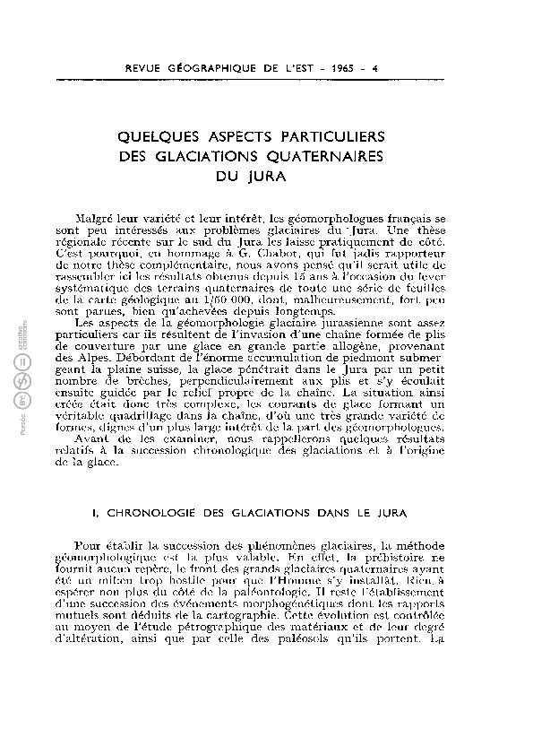 Publié dans la Revue Géographique de l'Est Année 1965 5-4 pp. 499-527 