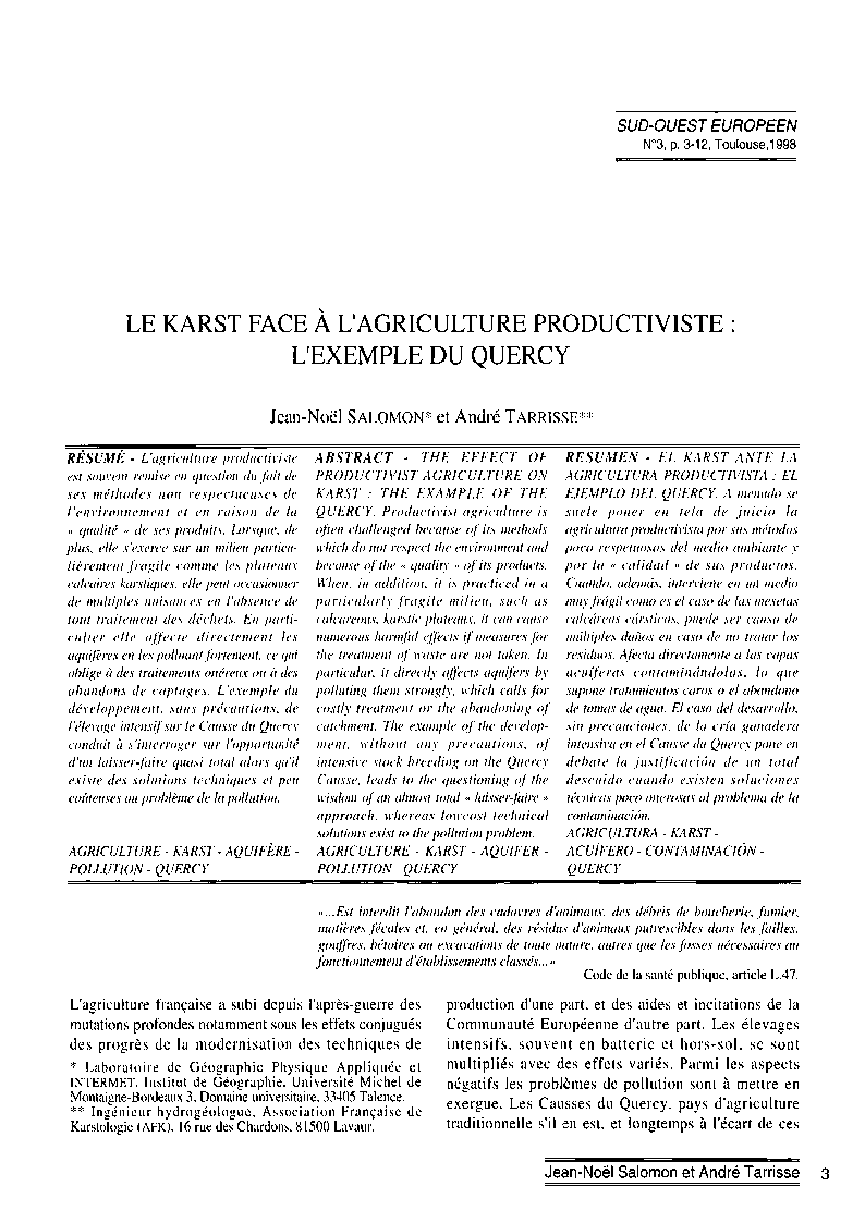 Publié dans la  Revue géographique des Pyrénées et du Sud-Ouest. Sud-Ouest Européen Année 1998 3 pp. 3-12 