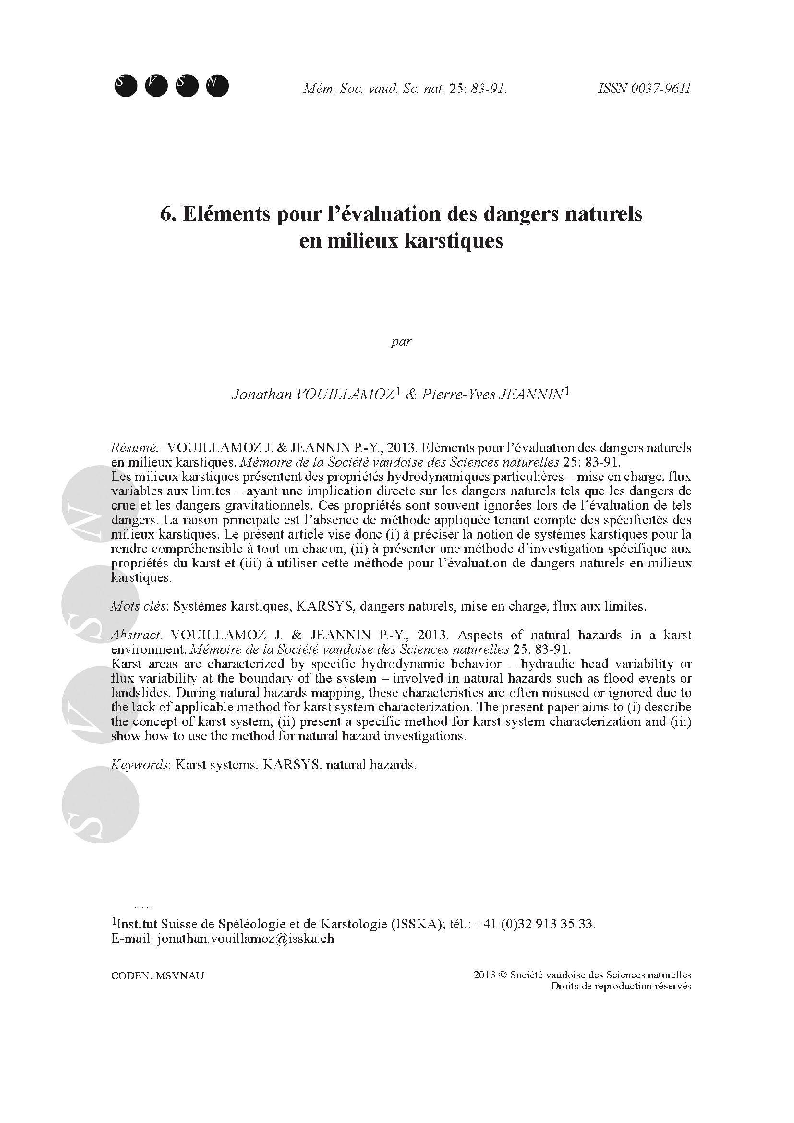 Publié dans Mémoires de la Société Vaudoise des Sciences Naturelles, 25 (2013)