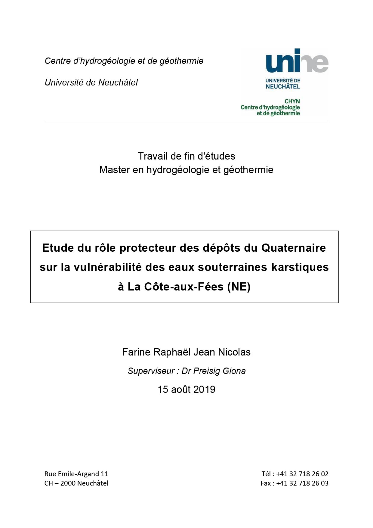 Travail de fin d'études Master en hydrogéologie et géothermie (Université de Neuchâtel, 2019)