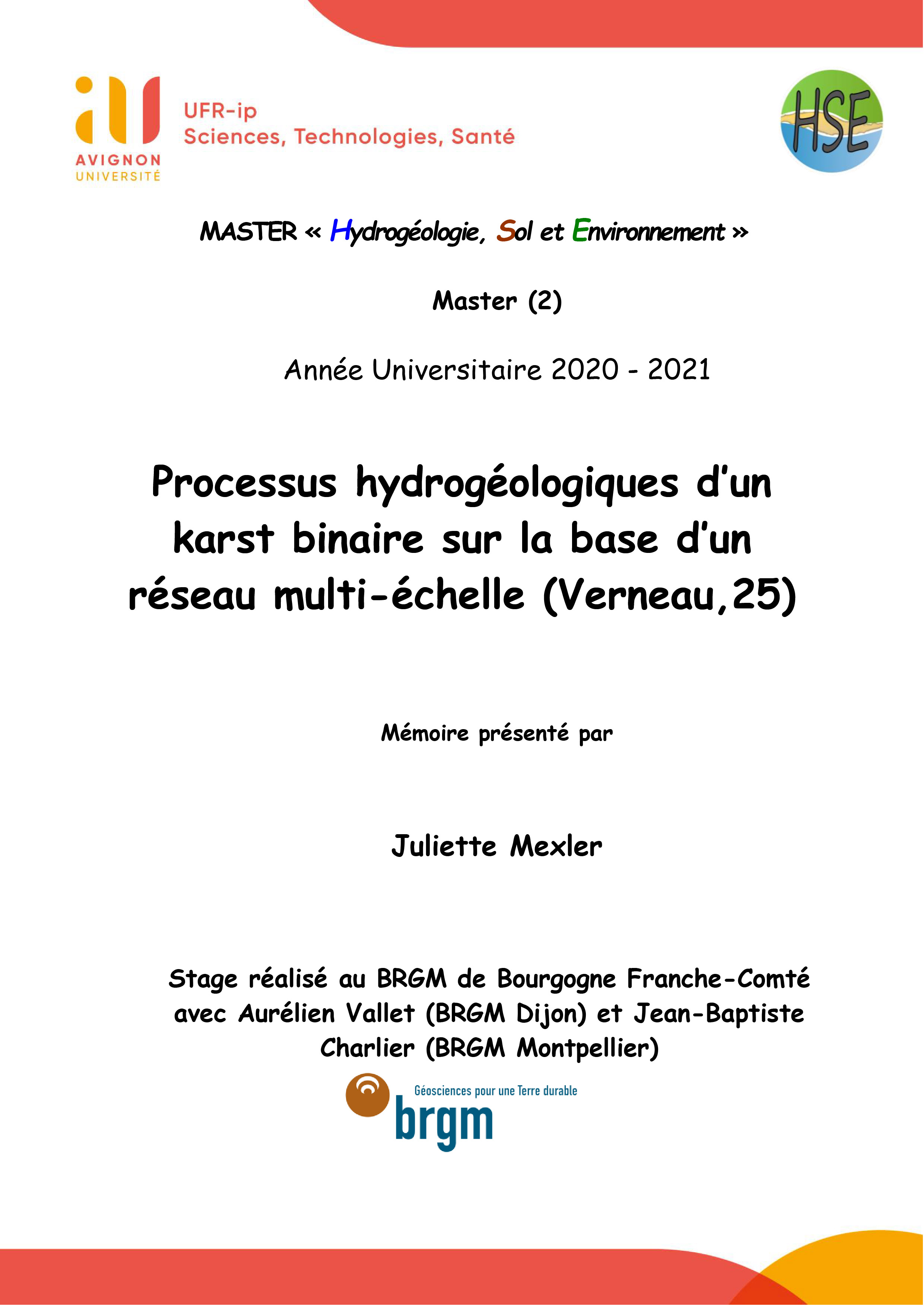 Rapport de MASTER « Hydrogéologie, Sol et Environnement »