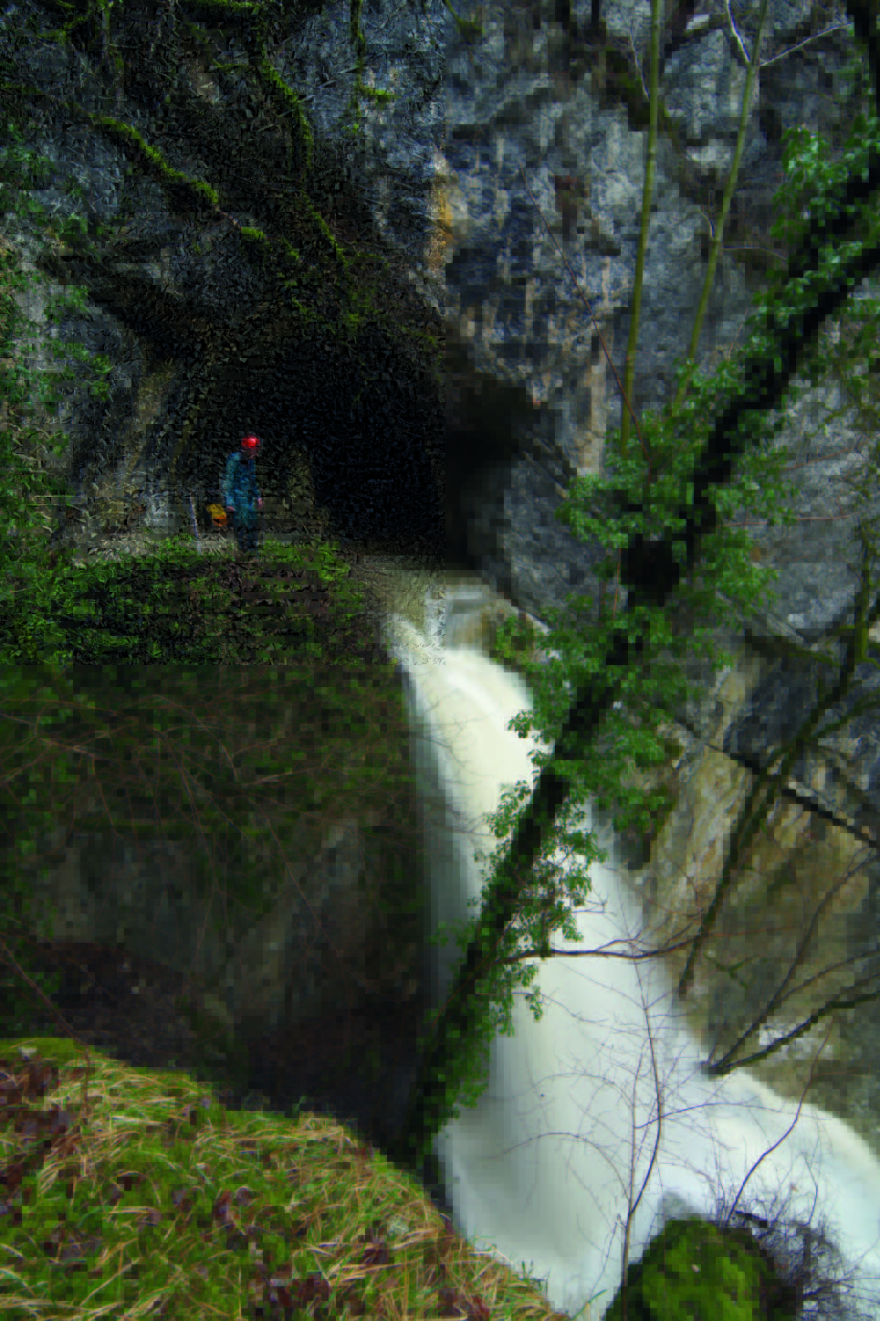 Source devenant active lorsque le niveau d'eau l'atteint en crue.

Photo prise au droit de la grotte des Faux-Monnayeurs (source de trop-plein du réseau du Pontet) (source : Guy Decreuse)
Site du photographe : https://www.flickr.com/photos/73270743@N02/