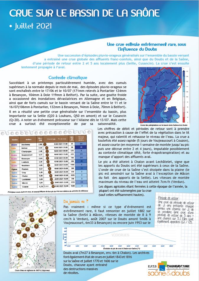 Bilan de la crue sur le bassin de la Saône en juillet 2021: données pluviométriques, hydrologiques, dégâts et mise en perspective.