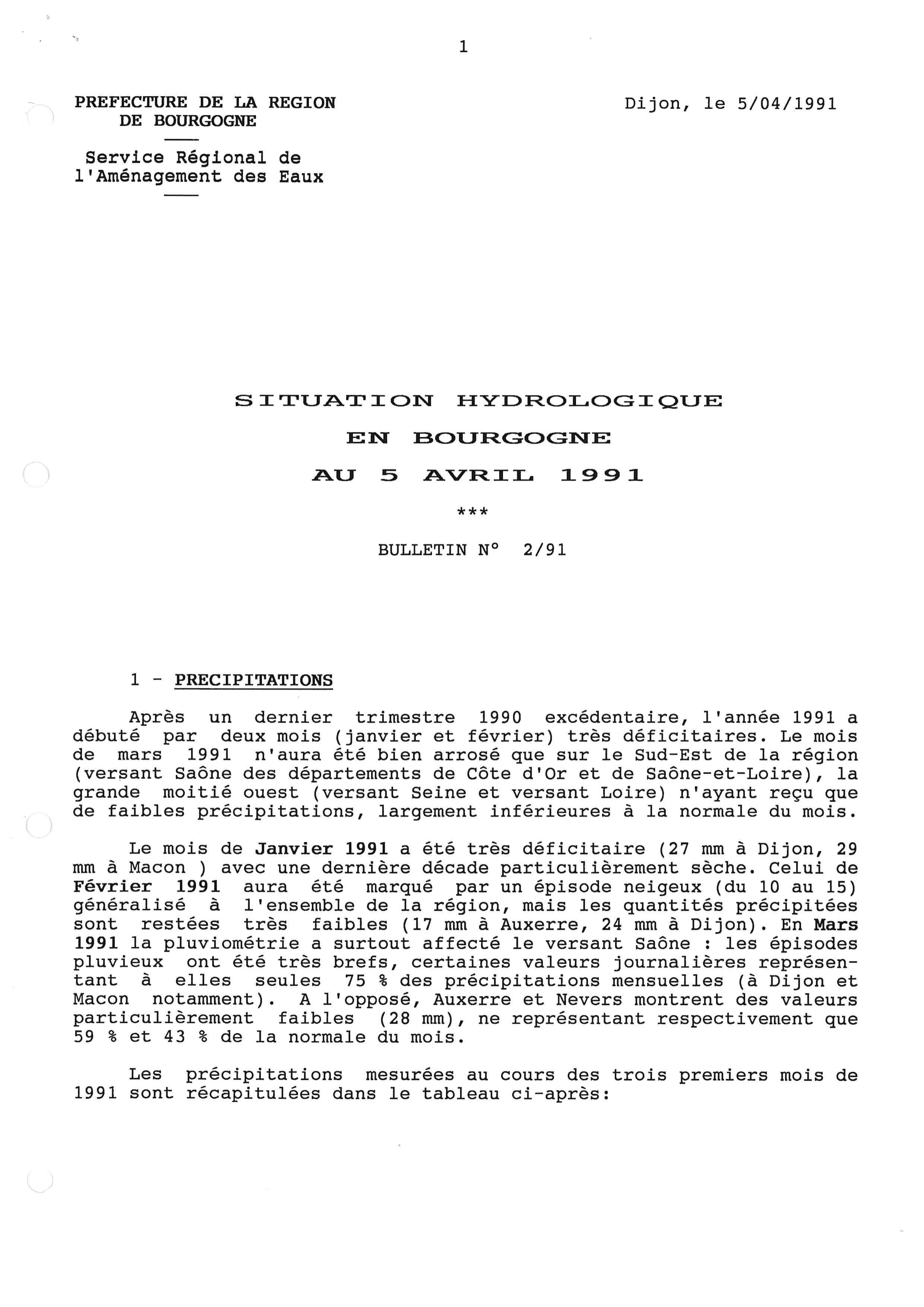 Bulletin hydrologique des mois de janvier, février et mars 1991