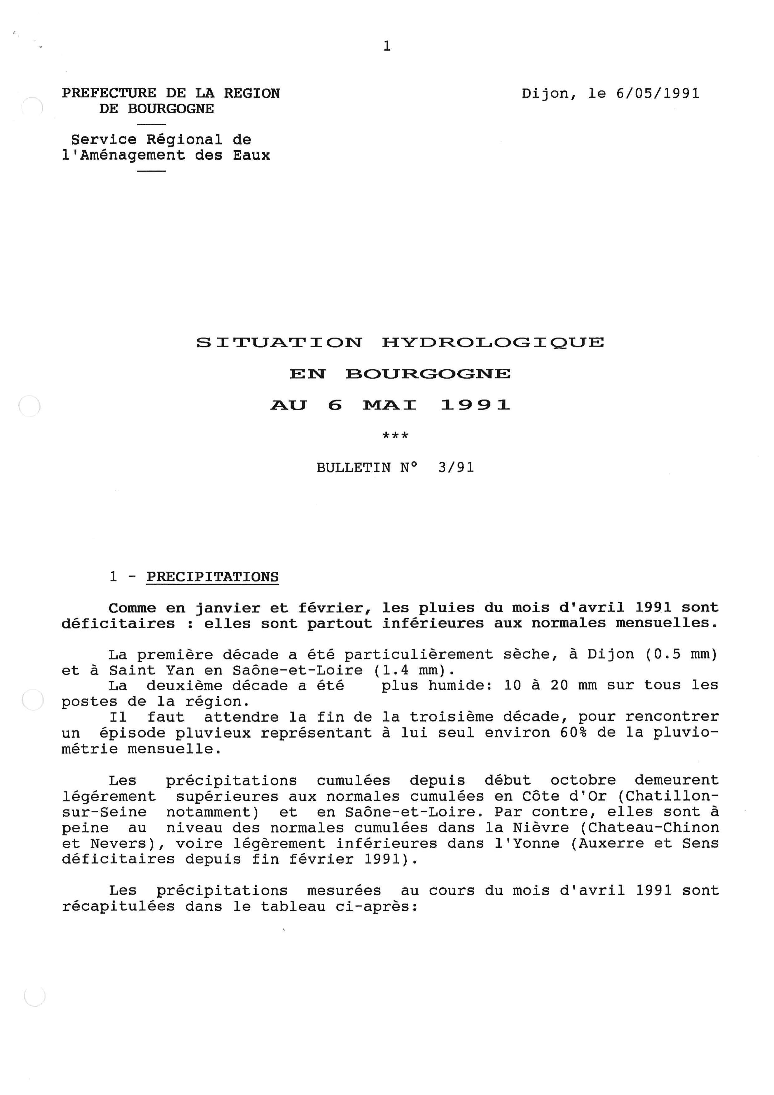 Bulletin hydrologique du mois d'avril 1991