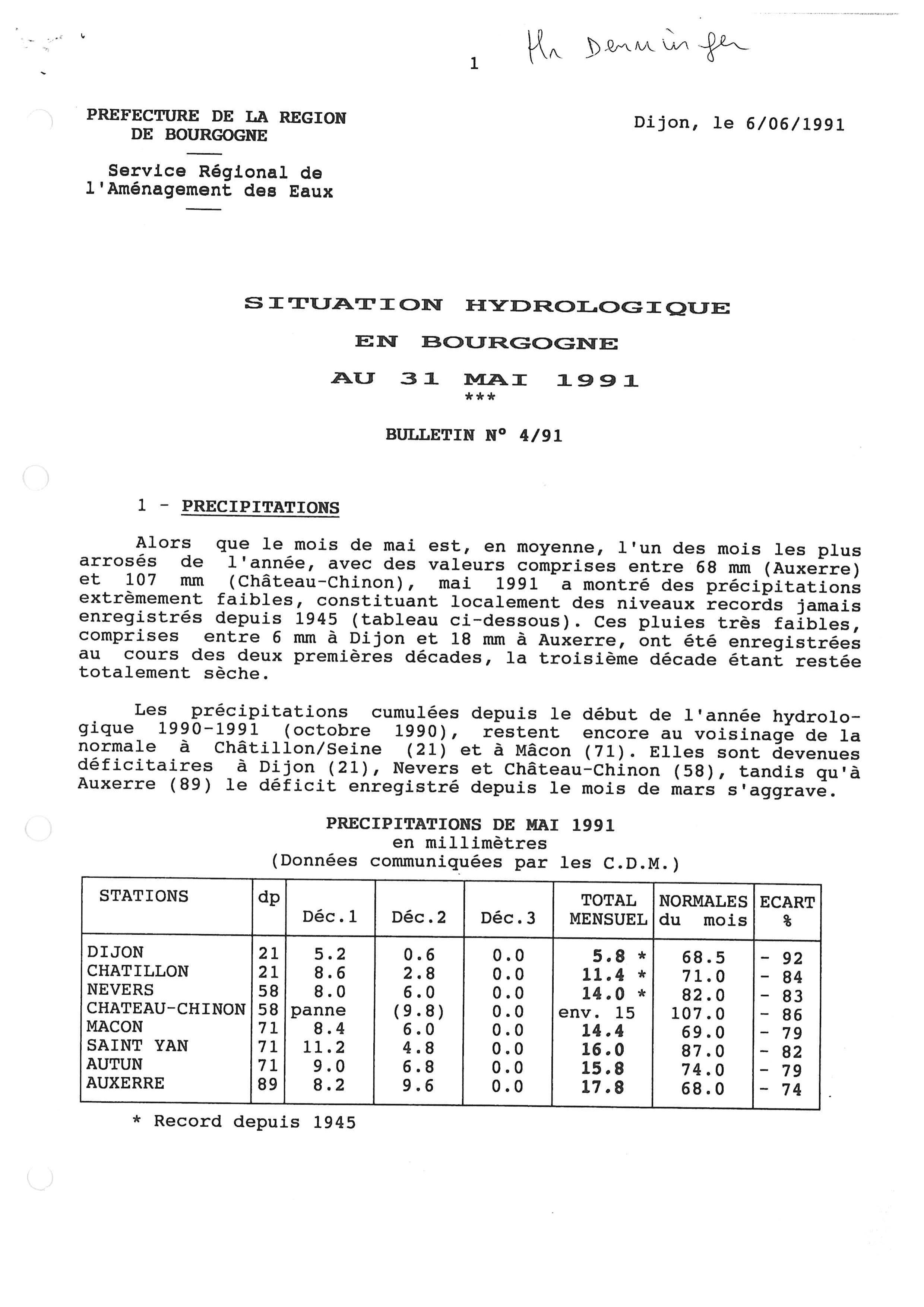 Bulletin hydrologique du mois de mai 1991