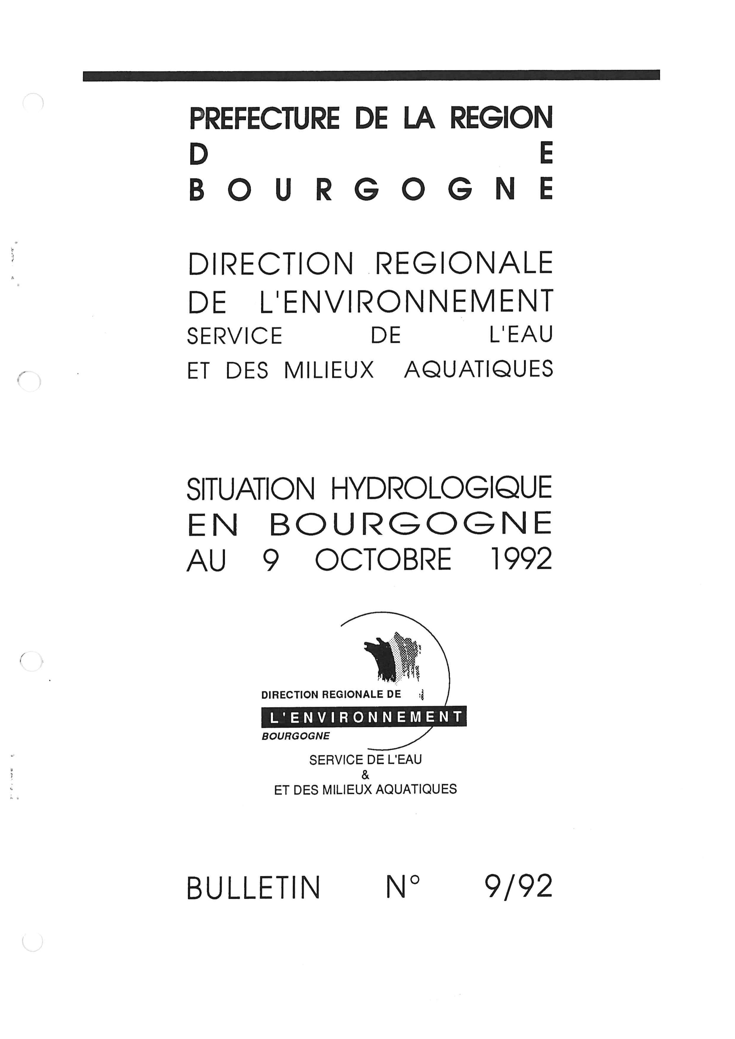 Bulletin hydrologique du mois de septembre 1992