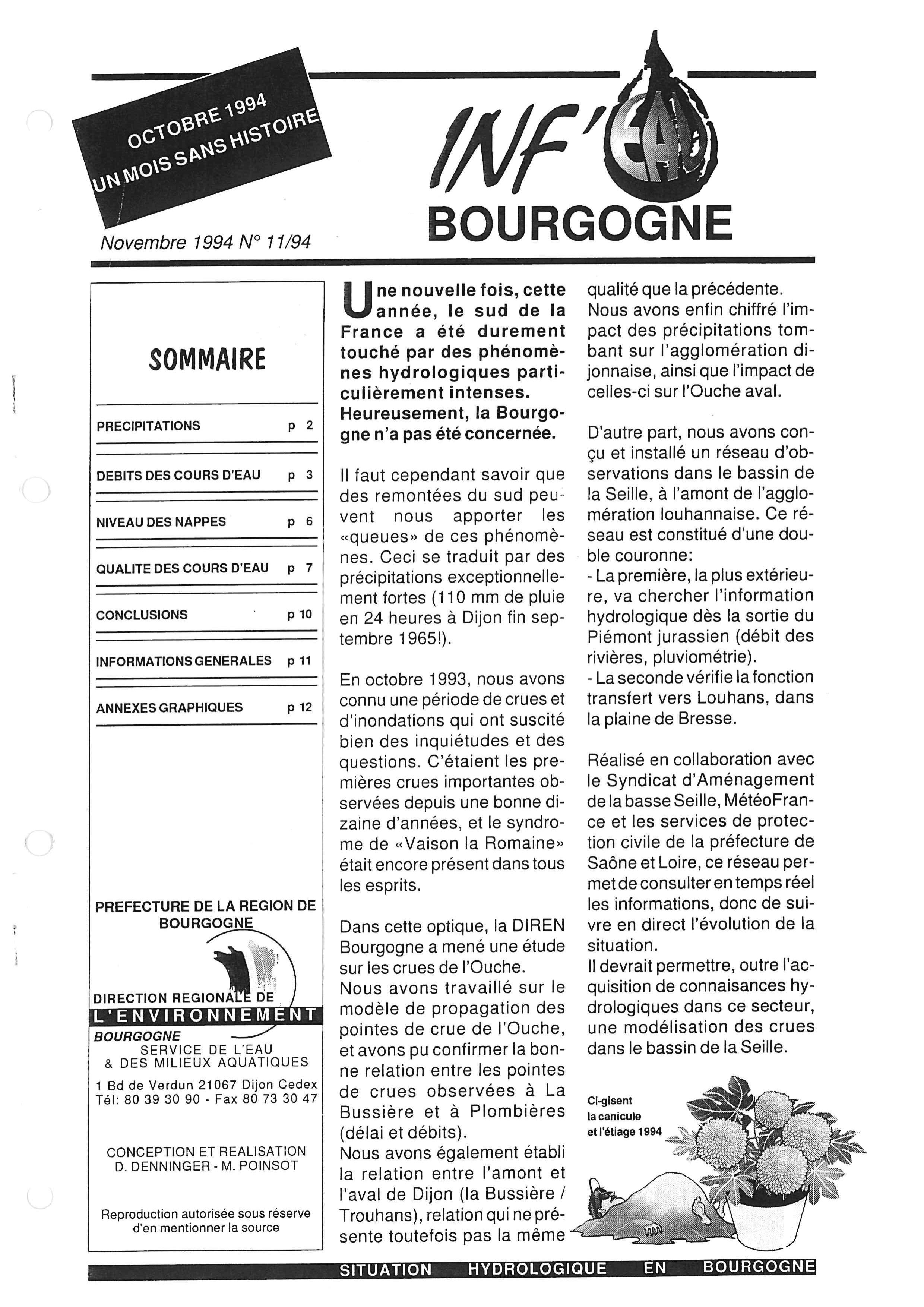 Bulletin hydrologique du mois d'octobre 1994