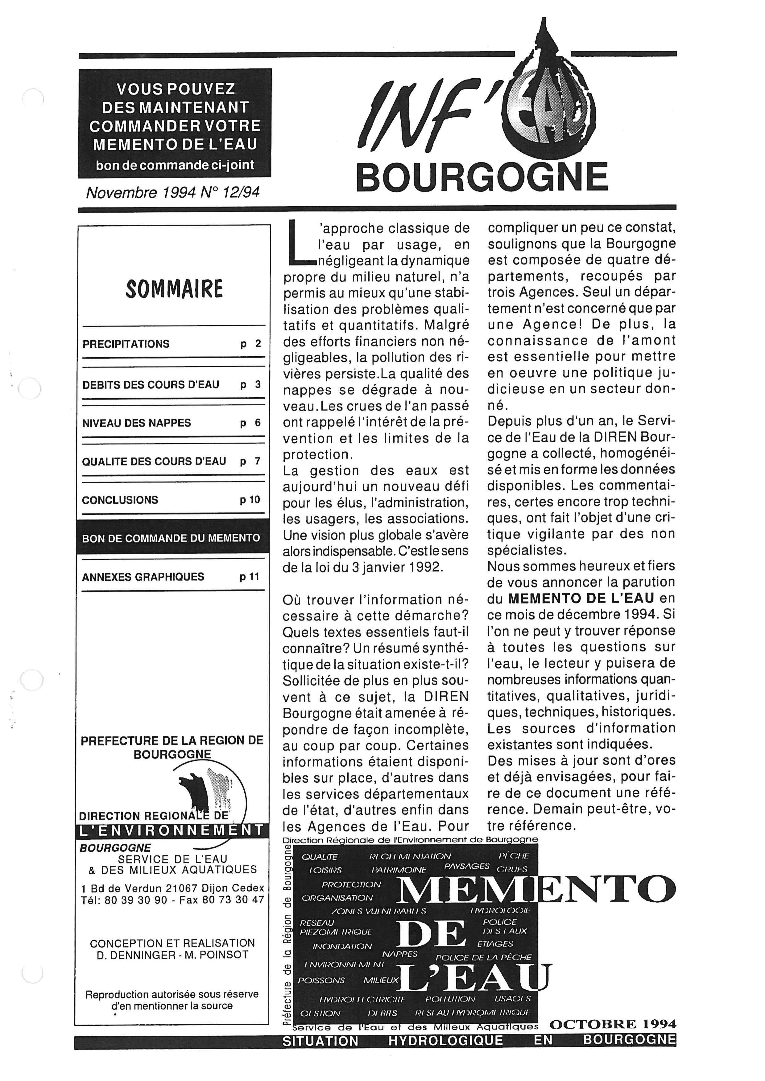Bulletin hydrologique du mois de novembre 1994