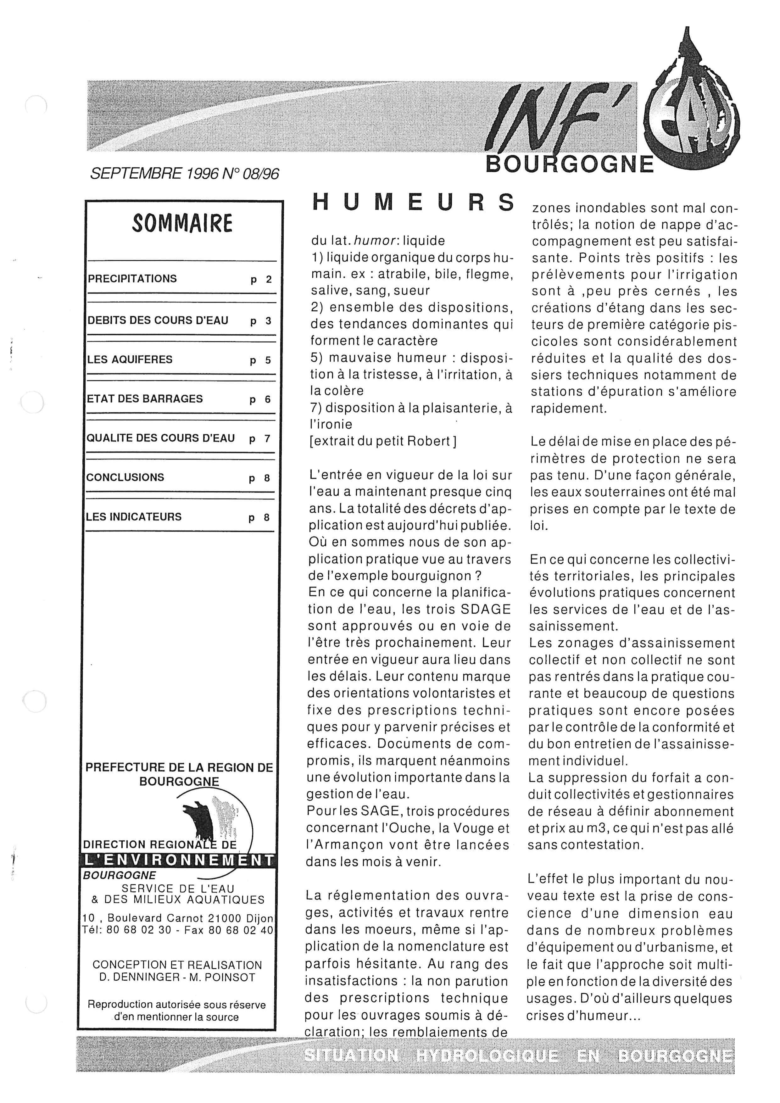 Bulletin hydrologique du mois d'août 1996