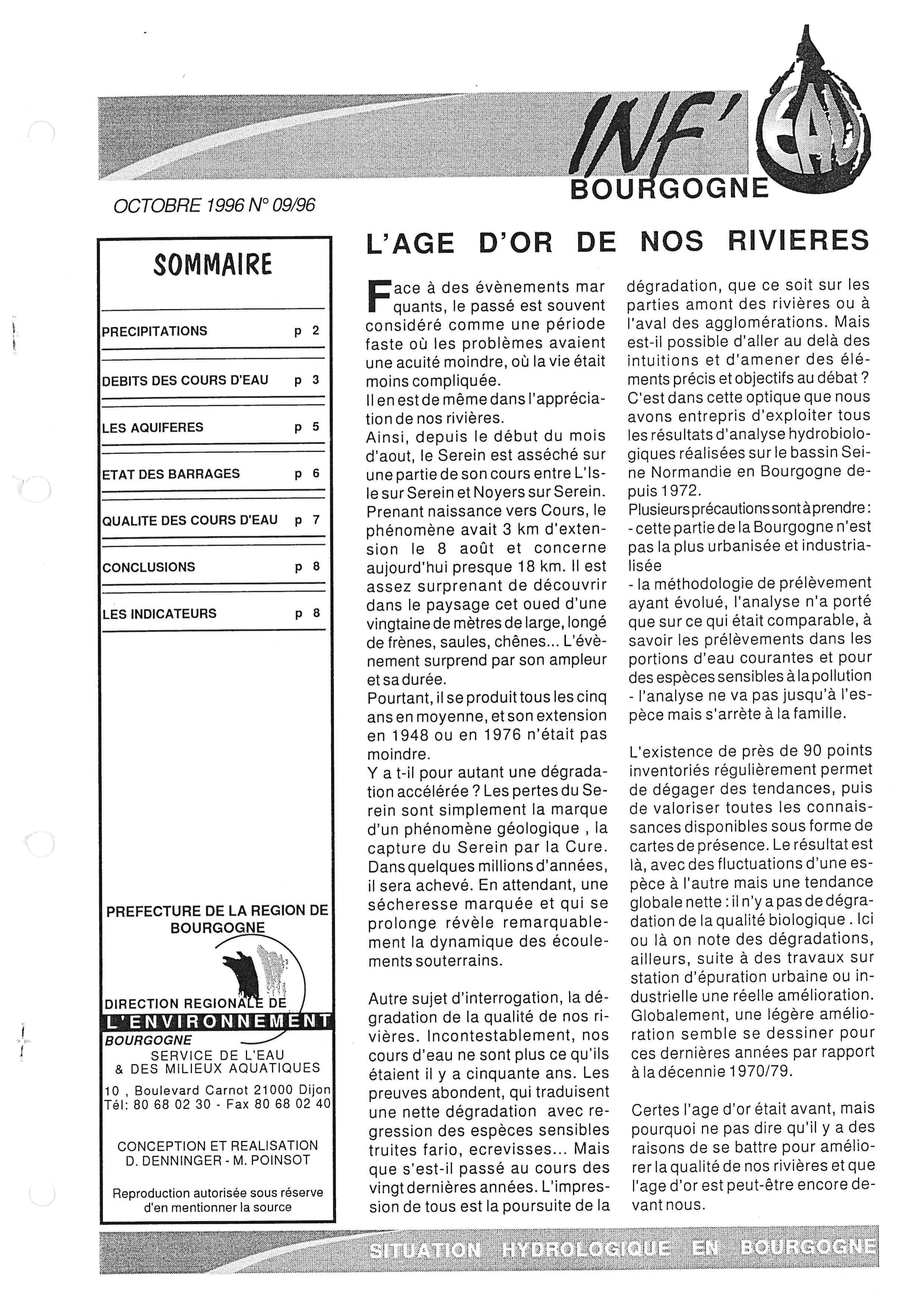 Bulletin hydrologique du mois de septembre 1996