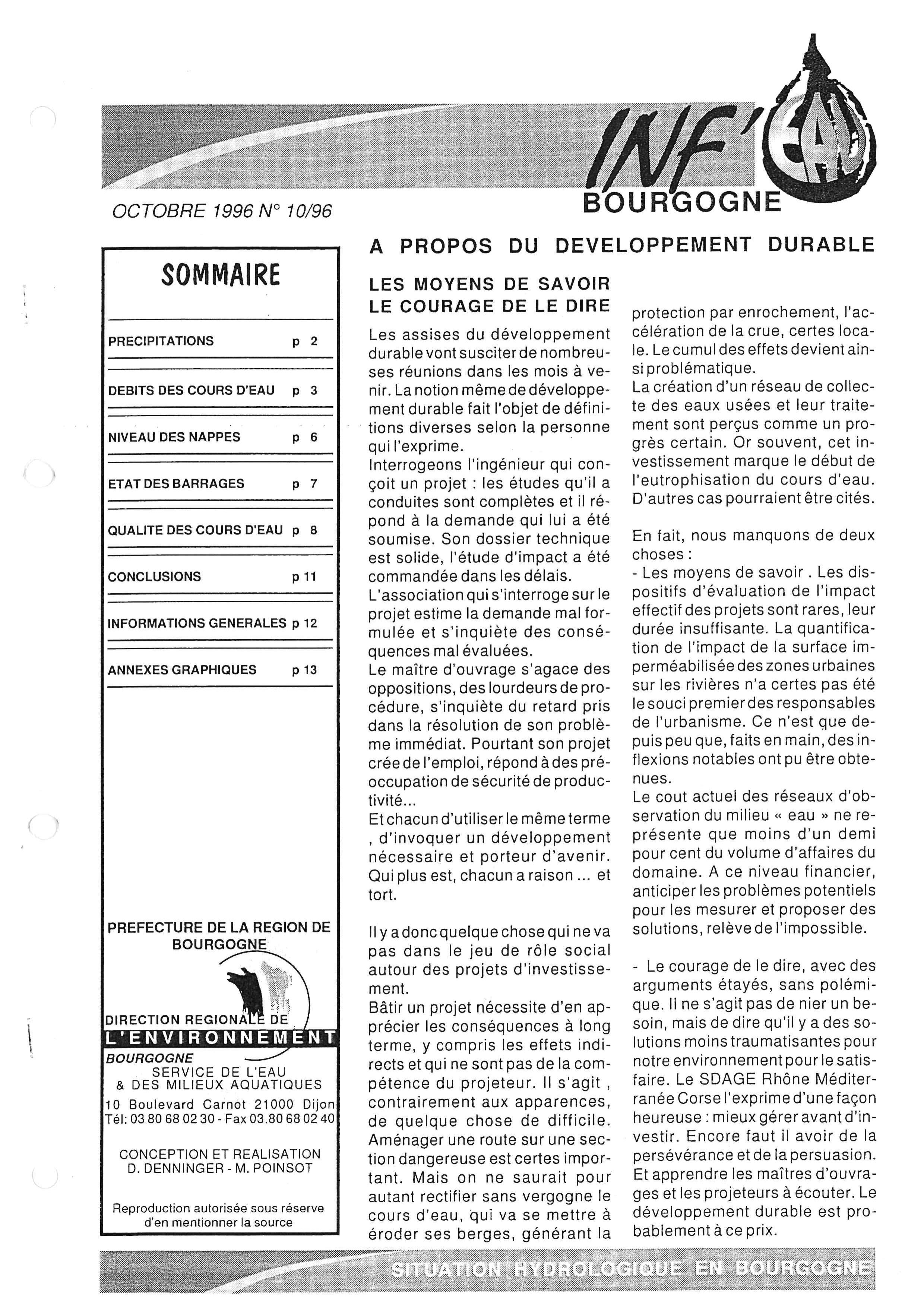 Bulletin hydrologique du mois d'octobre 1996