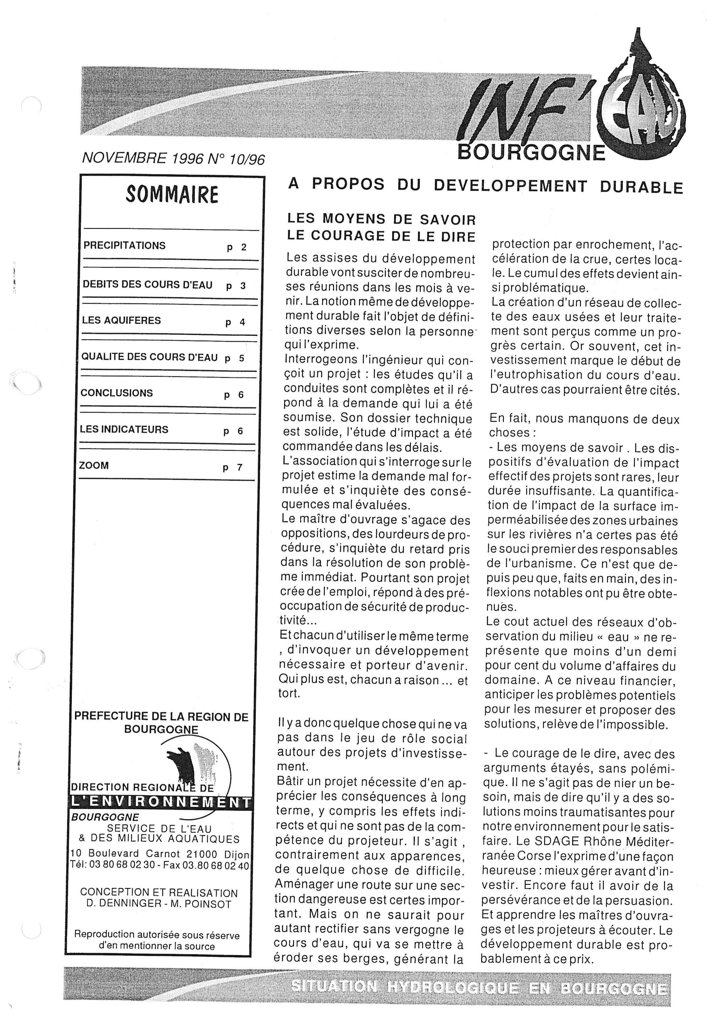 Bulletin hydrologique du mois de novembre 1996
