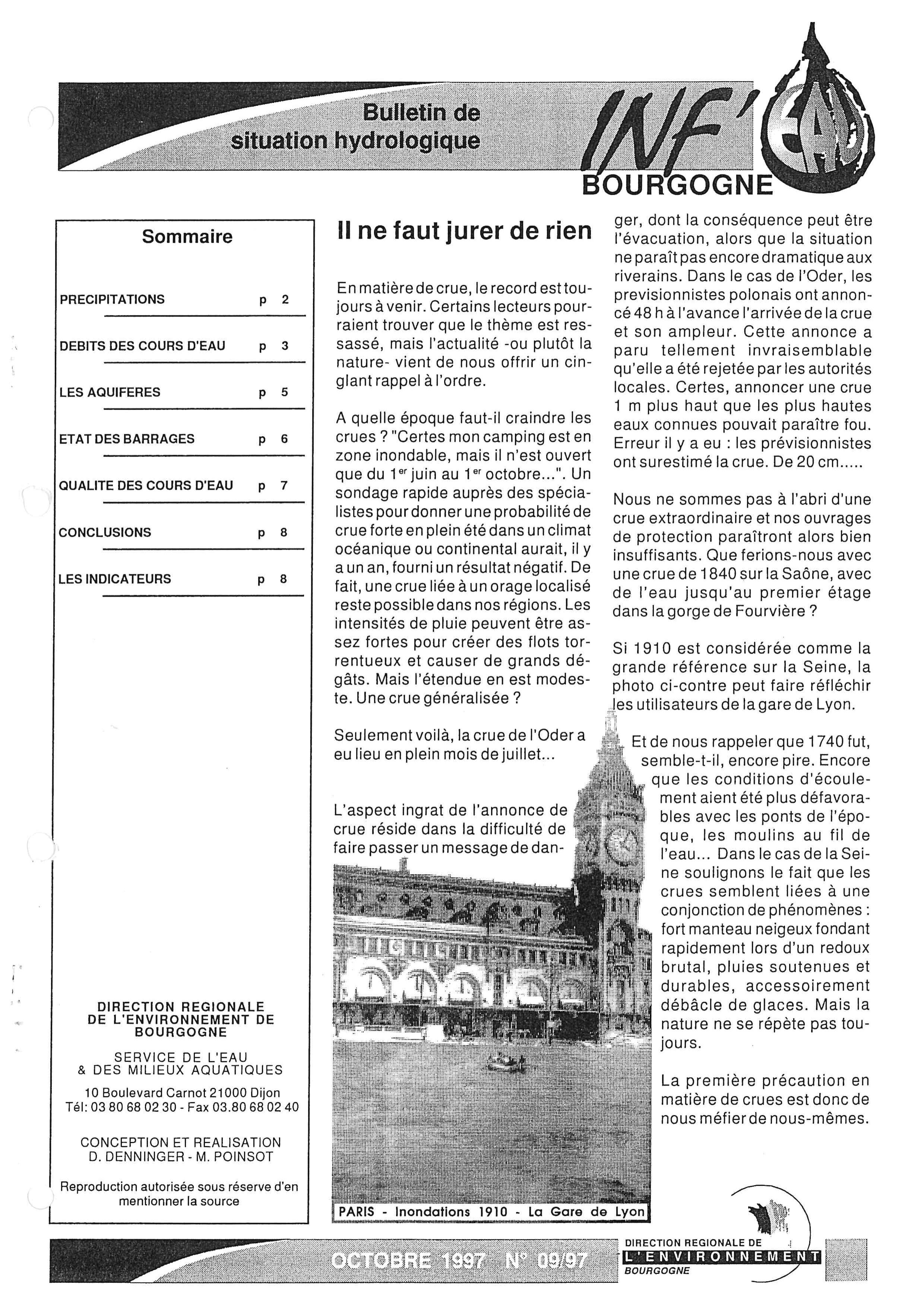 Bulletin hydrologique du mois de septembre 1997