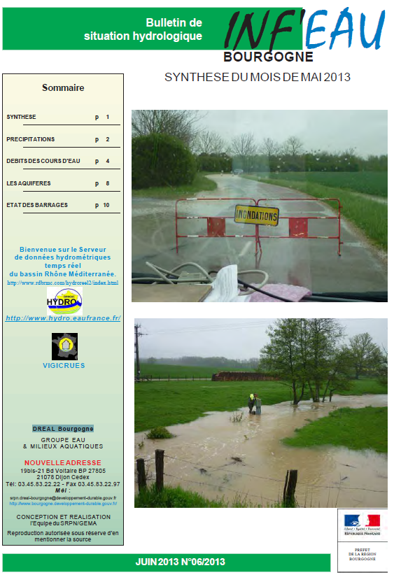 Description des pluviométries, débits et aquifères pour le mois de mai 2013, caractérisé par des crues importantes sur l'Ouche notamment