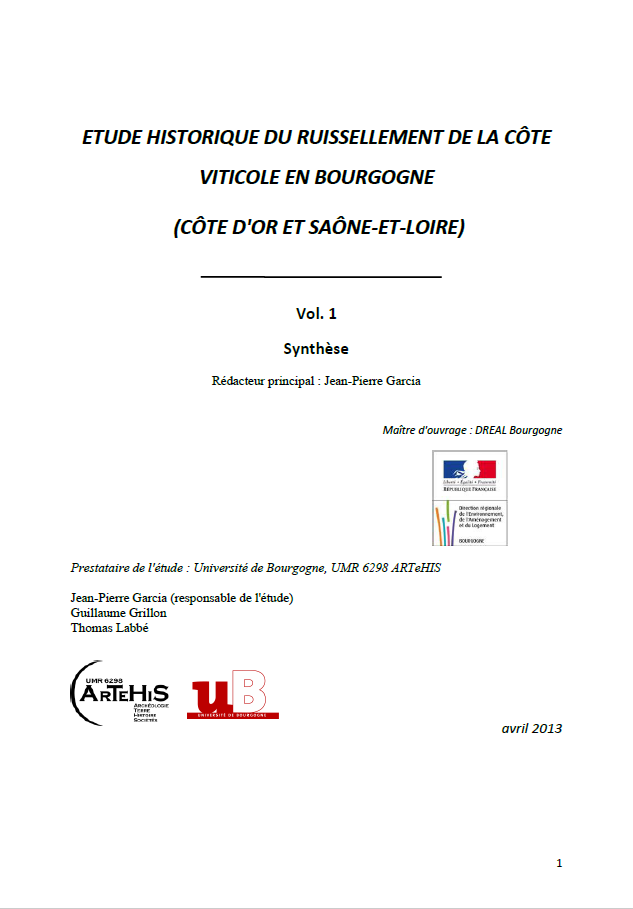 Etude historique du ruissellement de la côte viticole en Bourgogne (21 et 71) - Volume 1: Synthèse