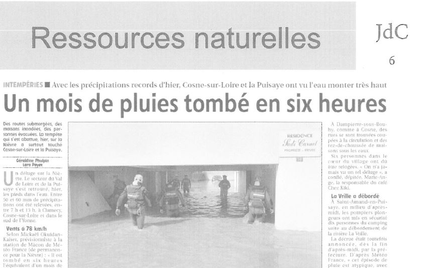 Photo de la page d'un journal relatant des précipitations records à Cosne-sur-Loire