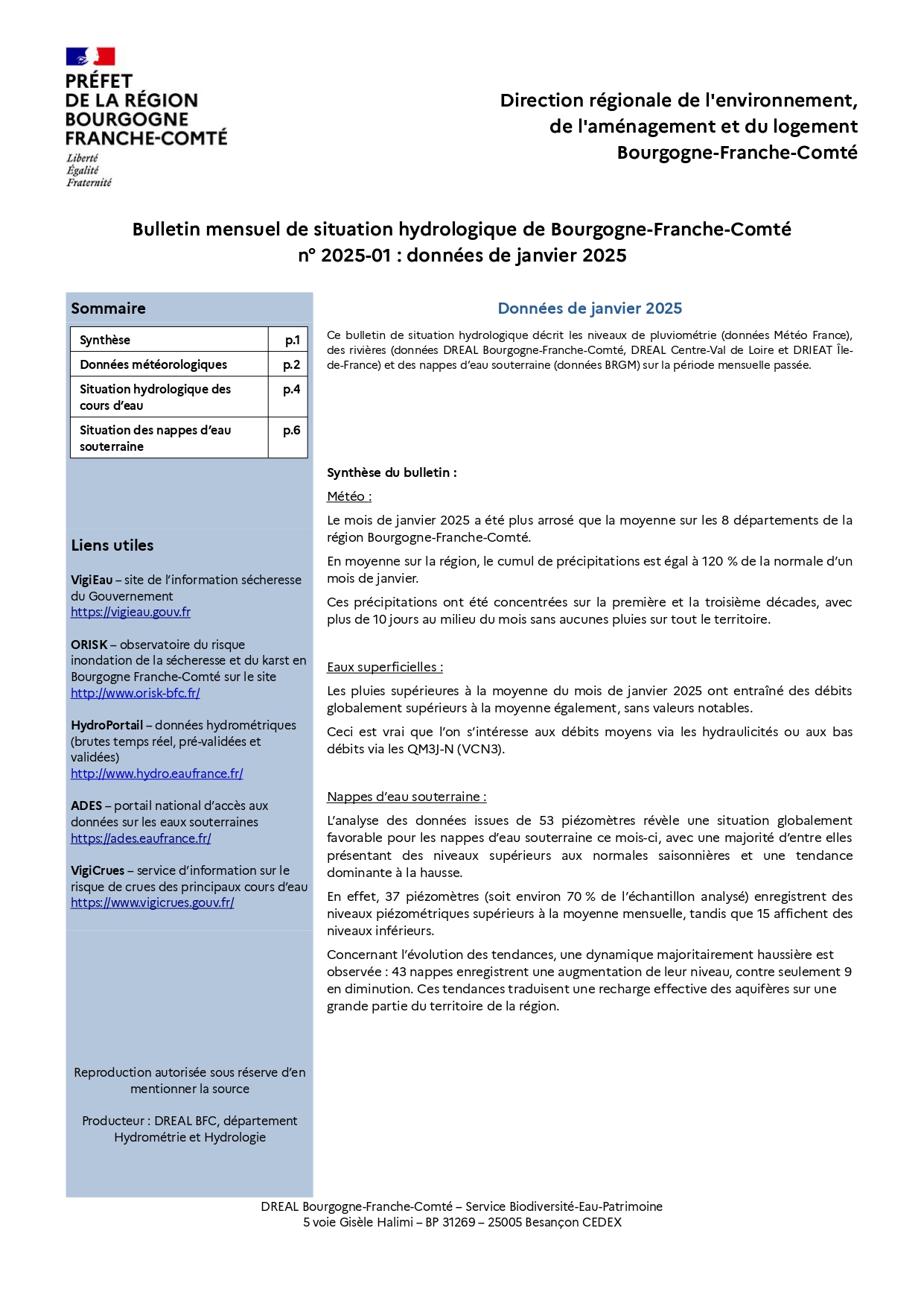 Bulletin mensuel de situation hydrologique de Bourgogne-Franche-Comté n°2025-01 : données de janvier 2025