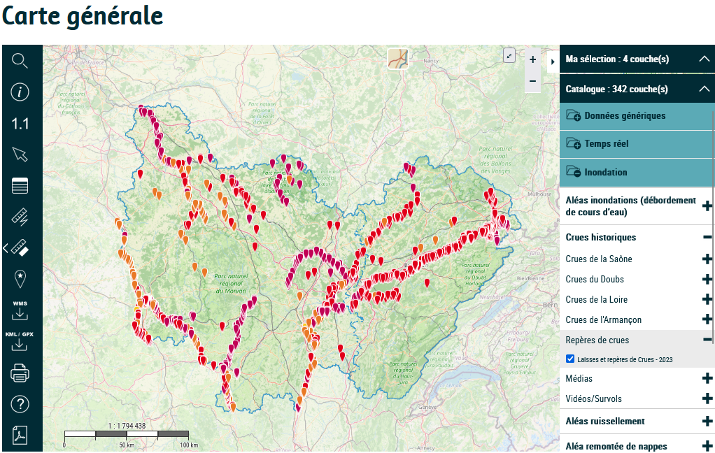 Carte des laisses et repères des crues